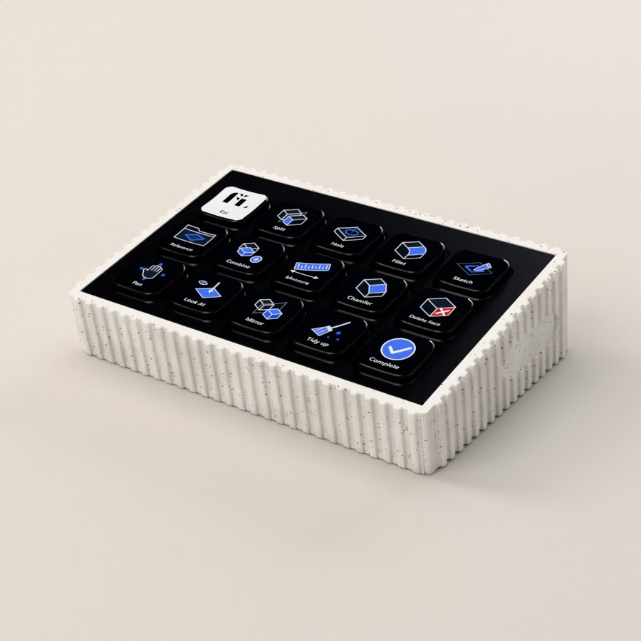 FixtureLabs Keyboard on a light studio floor, Inventor Part keys lit