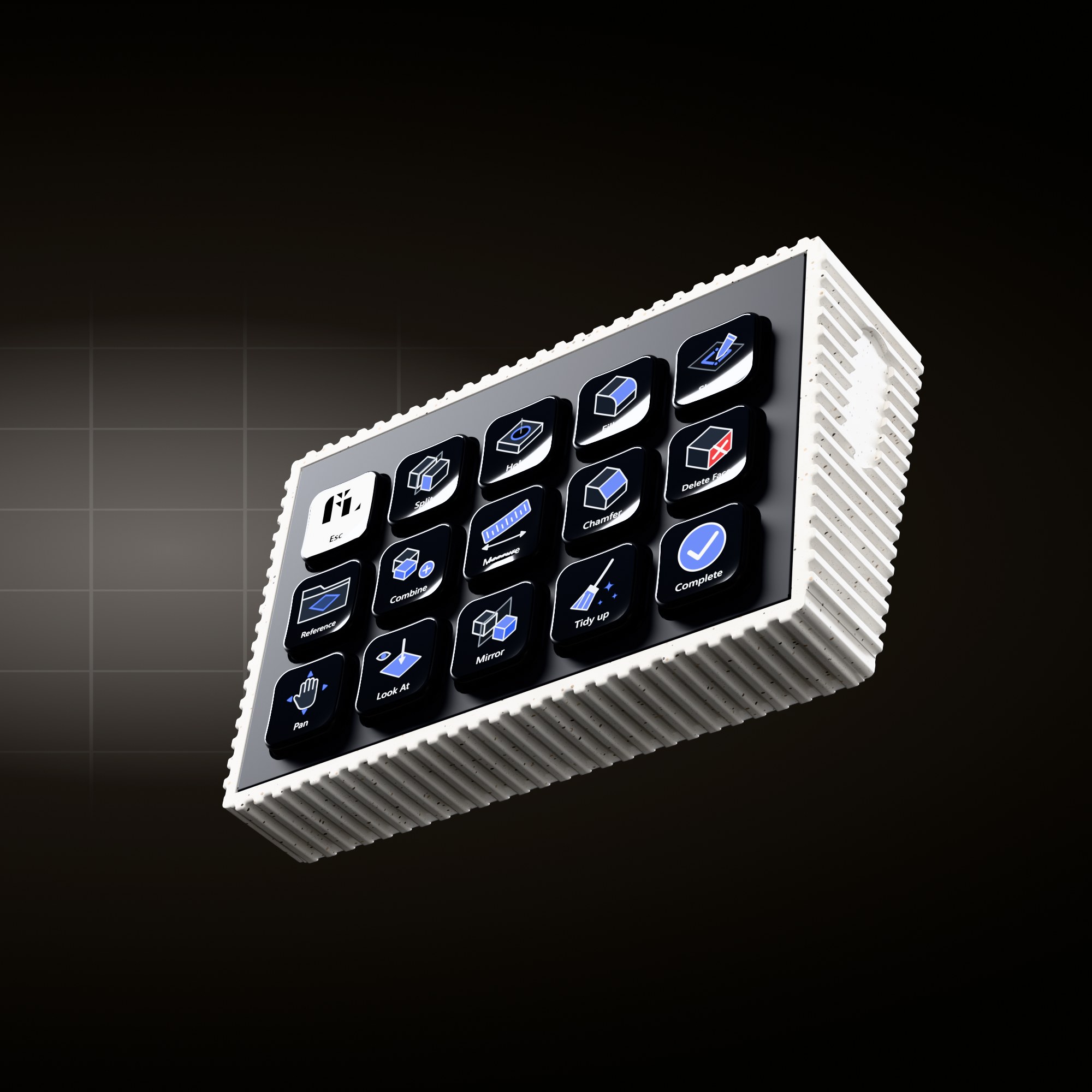 FixtureLabs Keyboard floating over a dark CAD grid